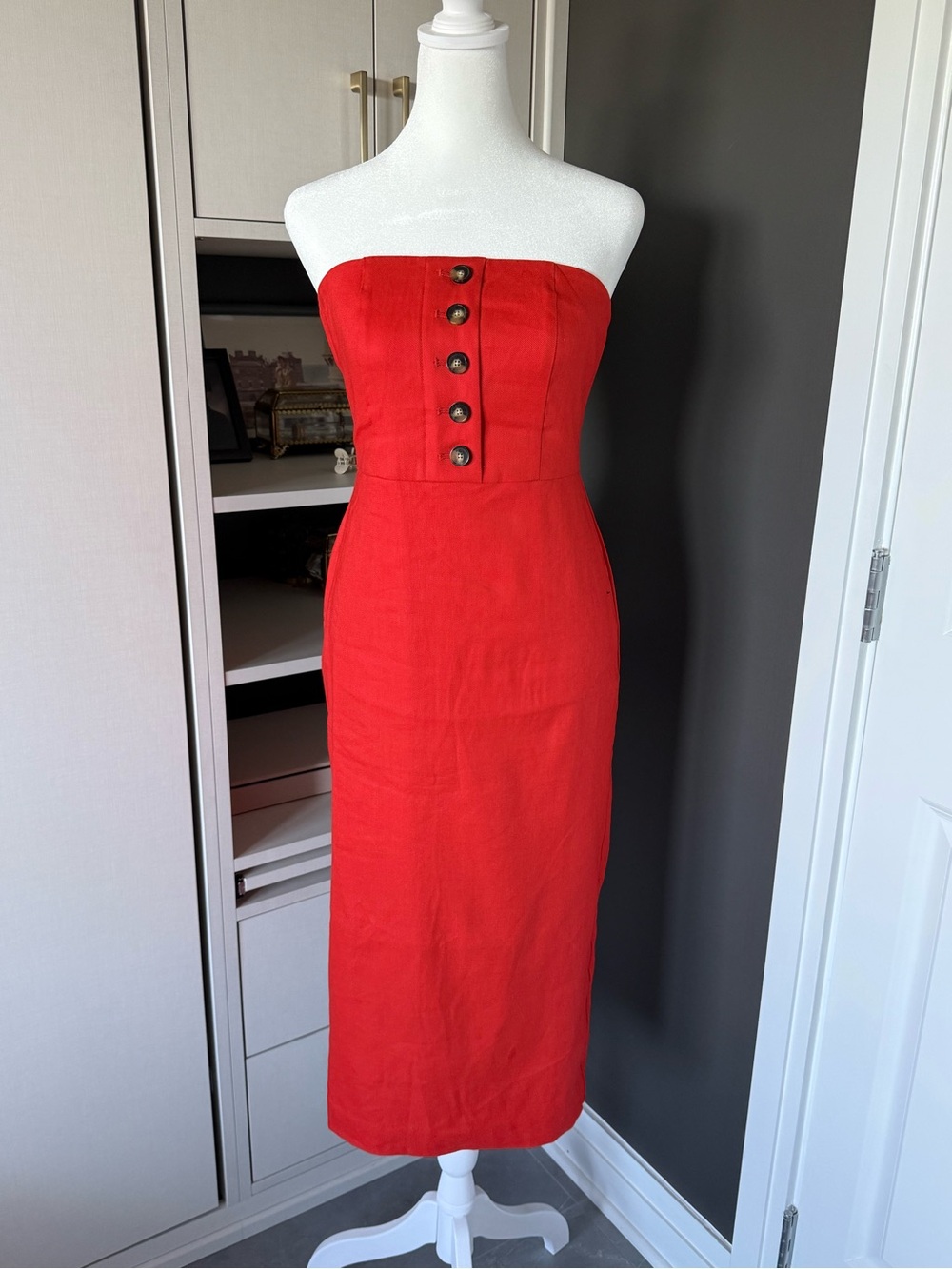 Ann Taylor Strapless Button-Front Midi Dress in Red